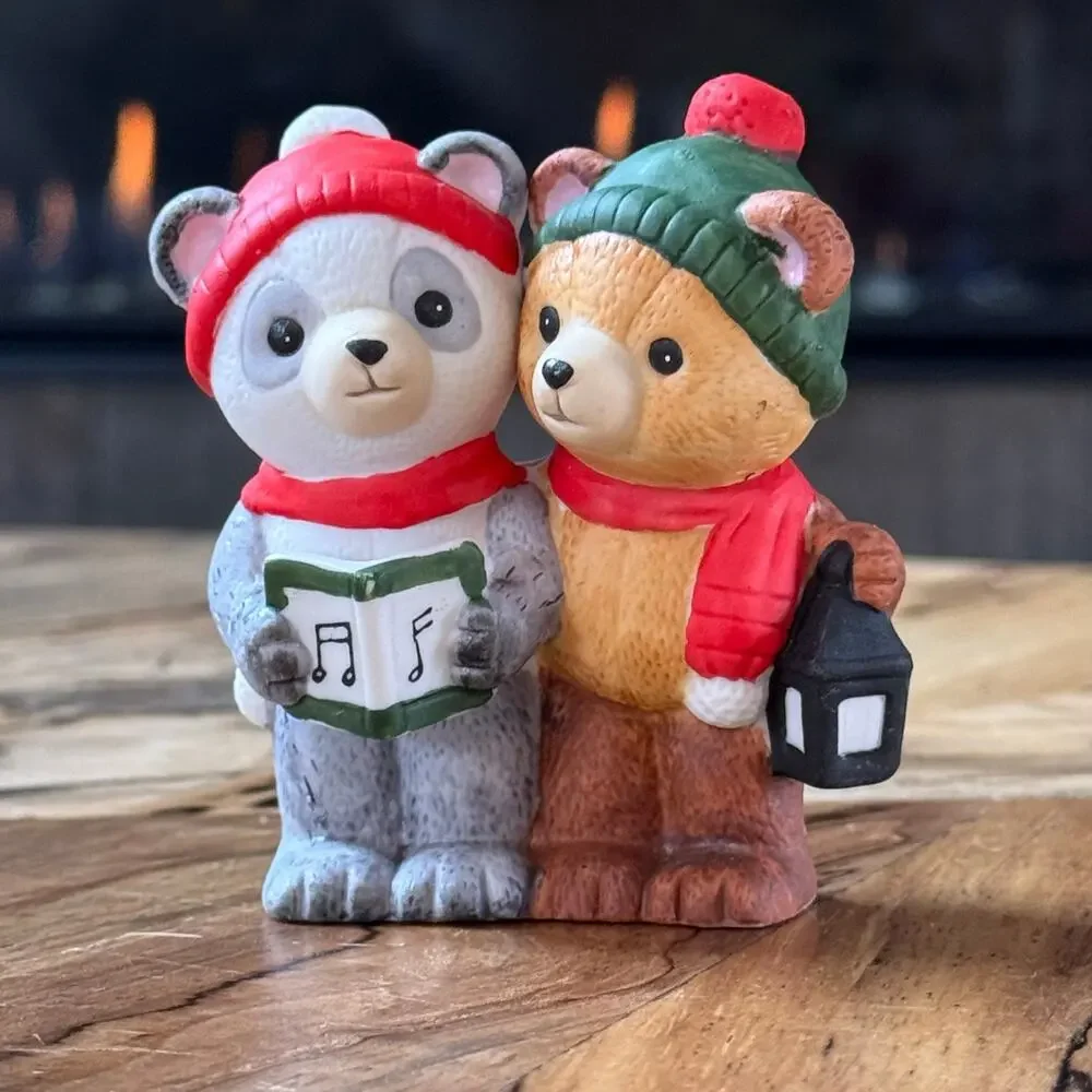 1984 Vintage Bear Christmas Carolers, Ceramic Bisque Figurine by Applause